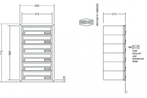 RENZ Briefkastenanlage Unterputz, Eckrahmen, Edelstahl V4A, Kastenformat 370x110x270mm, 6-teilig